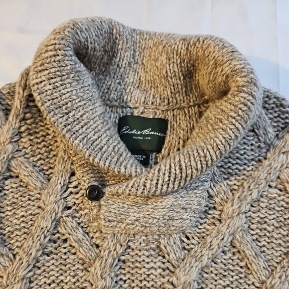 Eddie Bauer Tan Chunky Knit Shawl Collar Heavy Cableknit Sweater Men's XL - Picture 2 of 7